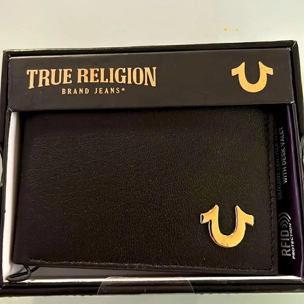True Religion NWT wallet black 2 fold rfid protection genuine leather cool box